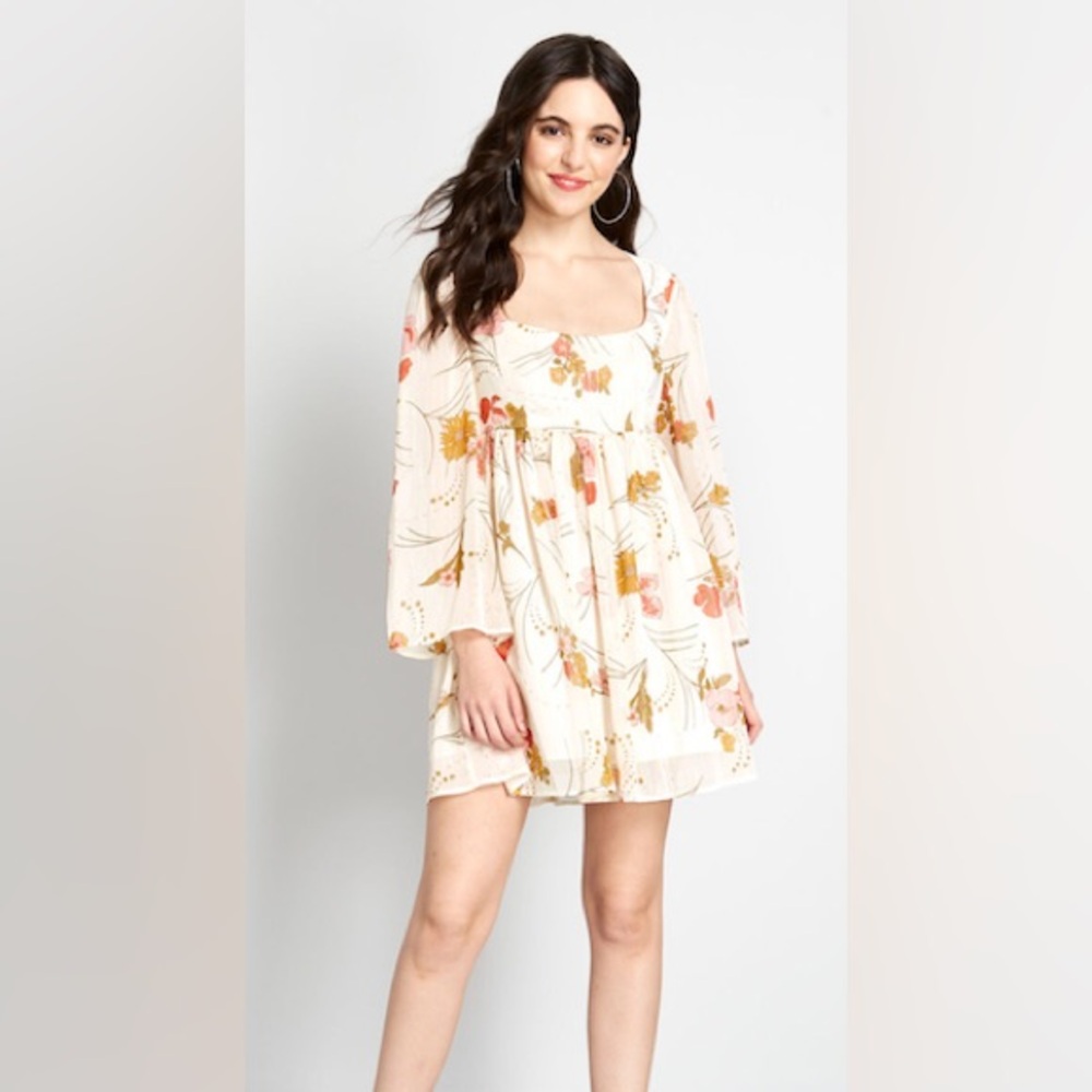 ModCloth Sweet Sixties Metallic Floral Babydoll Dress Flowy Ethereal Cottagecore
